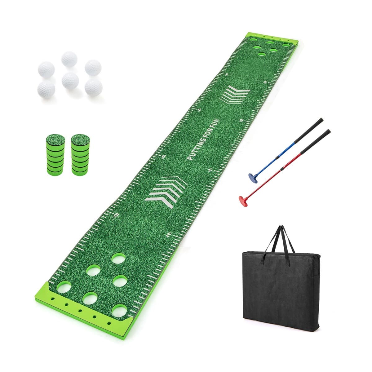CostwayEnsemble de Jeu de Golf-pong Tapis de Putting Green de 332cm avec 2 Clubs Réglables 6 Balles et 12 Couvercles de Trous